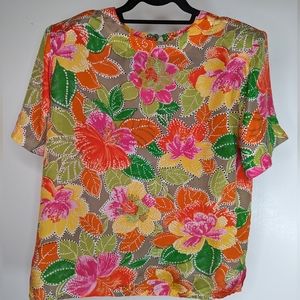 Vintage Silk Blouse M Jack Mulqueen Floral Shoulder Pads